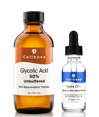 A bottle of Glycolic 50% Peel,unbuffered and Hydra CP+ 30ml