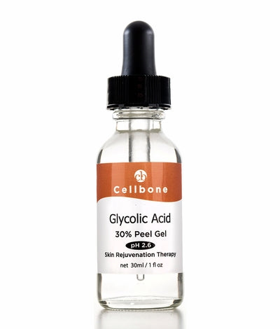 A bottle of Glycolic Acid 30% Peel with a label indicating pH 2.6