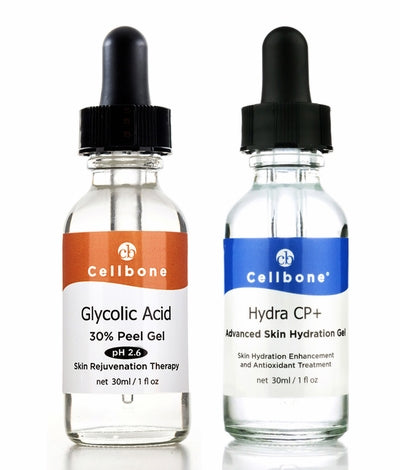 A bottle of Glycolic Acid 30% and Hydra CP+ 30ml