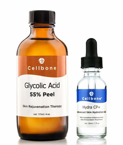 A bottle of Glycolic Acid 55% Peel and Hydra CP+ 30ml