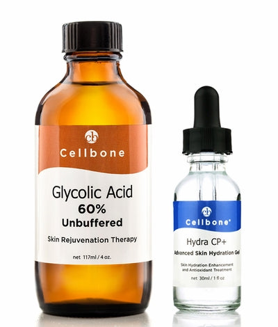 A bottle of unbuffered glycolic acid 60 peel and Hydra CP+ 30ml