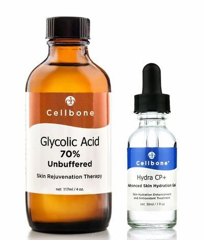 A bottle of Glycolic Acid 70% Unbuffered and Hydra CP+ 30ml