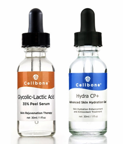 A bottle of Glycolic Lactic 35% Peel and Hydra CP+ 30ml
