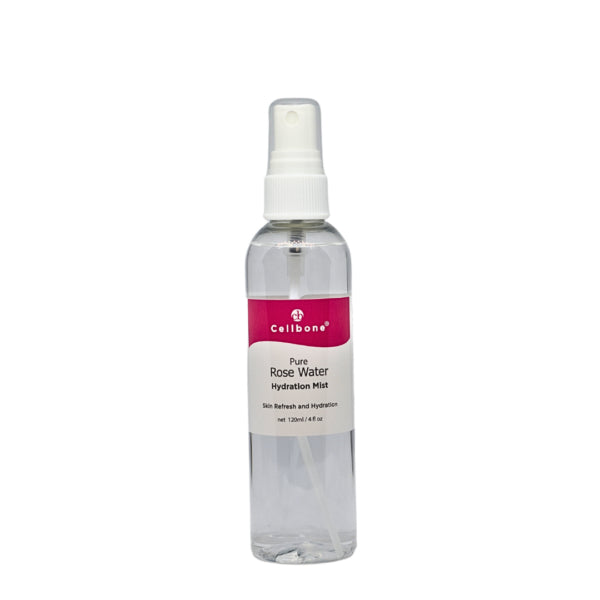 Clear plastic spray bottle of Cellbone Pure Rose Water Hydration Mist.