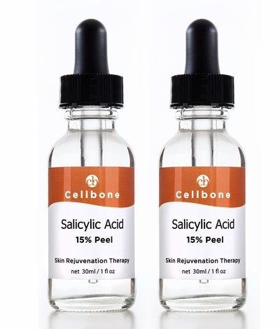Two clear glass bottles of Salicylic Acid 15% Peel with dropper tops.