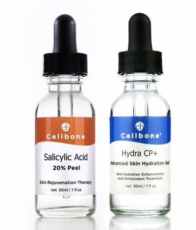 Salicylic Acid 20% Peel and Hydra CP+ Advanced Hydration Gel with droppers.